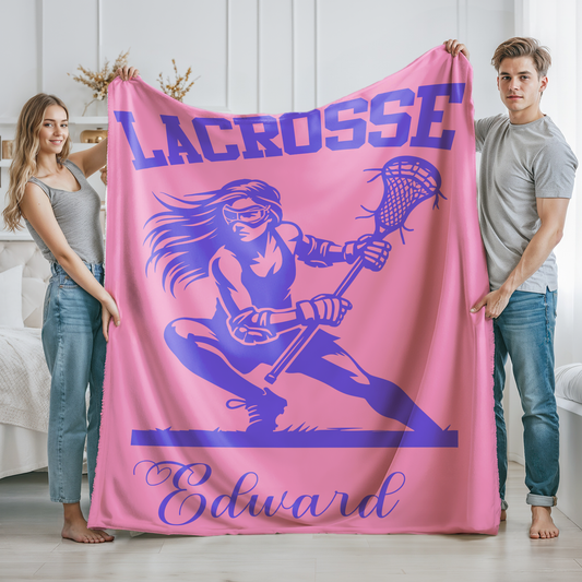 Personalized Silhouette Lacrosse Cozy Soft Fleece Sherpa Blanket With Name Home Decor For End of Season gift
