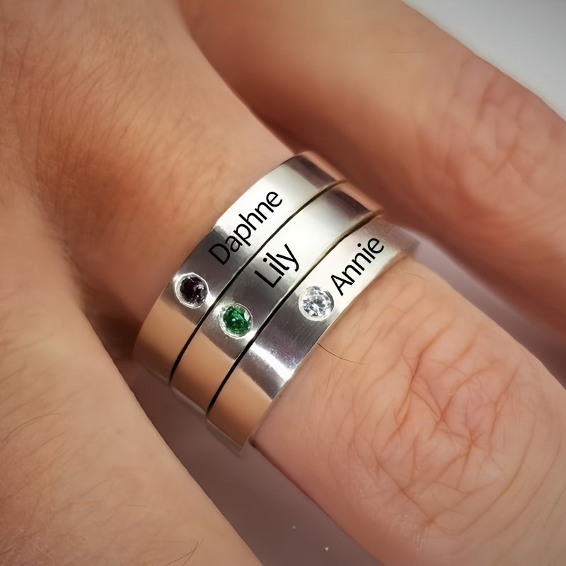 Personalised Birthstone Ring with Engraved Name Birthday Christmas Jewellery Gift for Women