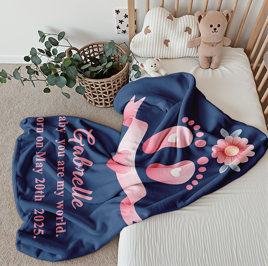 Personalized Cute Floral Footprint Design Soft Throw Cozy Blanket with Name and Text Home Decor Gift for Newborn Babies