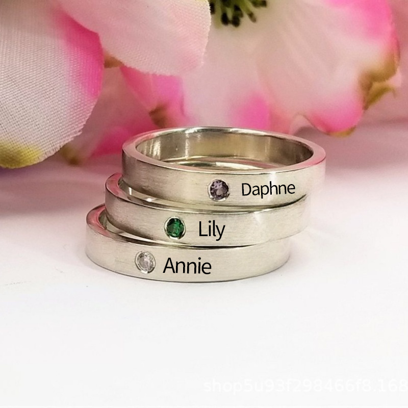 Personalised Birthstone Ring with Engraved Name Birthday Christmas Jewellery Gift for Women