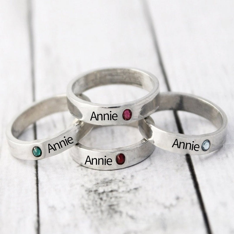 Personalised Birthstone Ring with Engraved Name Birthday Christmas Jewellery Gift for Women