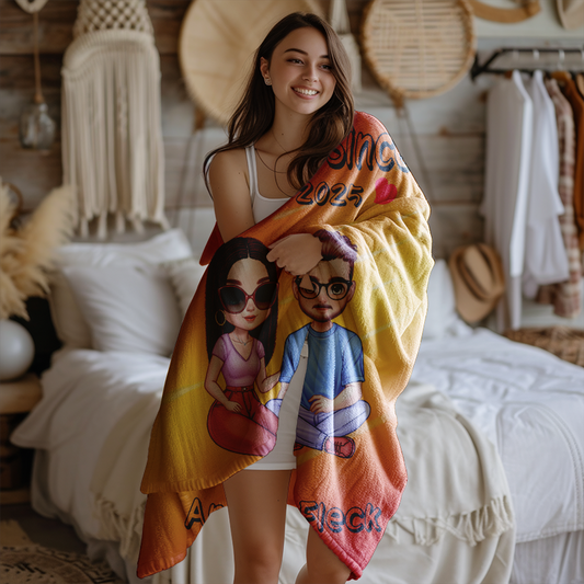 Personalized Cartoon Character Soft Throw Blanket with Name Home Decor Birthday Valentine's Day Gift for Couple