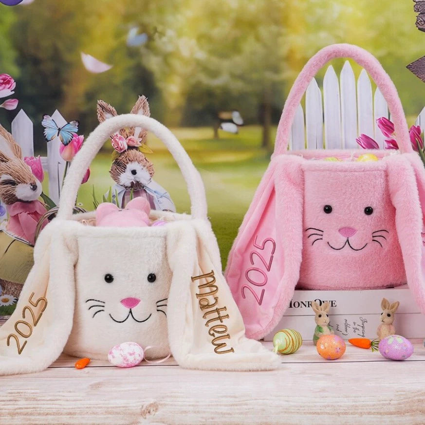 Personalized Name Embroidered Bunny Plush Easter Basket