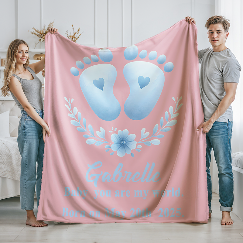 Personalized Cute Floral Footprint Design Soft Throw Cozy Blanket with Name and Text Home Decor Gift for Newborn Babies