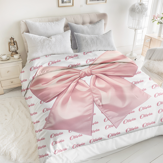 Personalized Bow-Design Fleece Blanket Customizable with Name Home Decor For Valentine’s Gift,Mother’s Day Present,Newbaby,Birthday