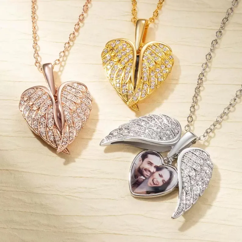Personalized Angel Wing Necklace with Custom Photo,Heart Picture Pendant, Memorial Jewelry, Birthstone Gifts for Her. Mom, Grandma, Wife