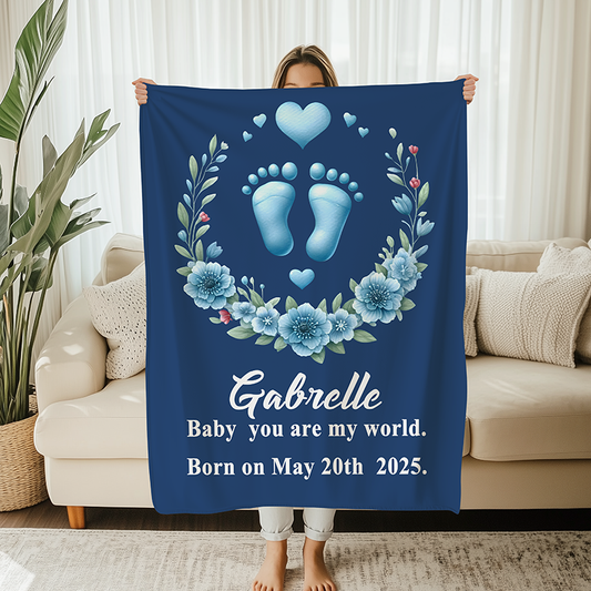 Personalized Cute Floral Footprint Design Soft Throw Cozy Blanket with Name and Text Home Decor Gift for Newborn Babies