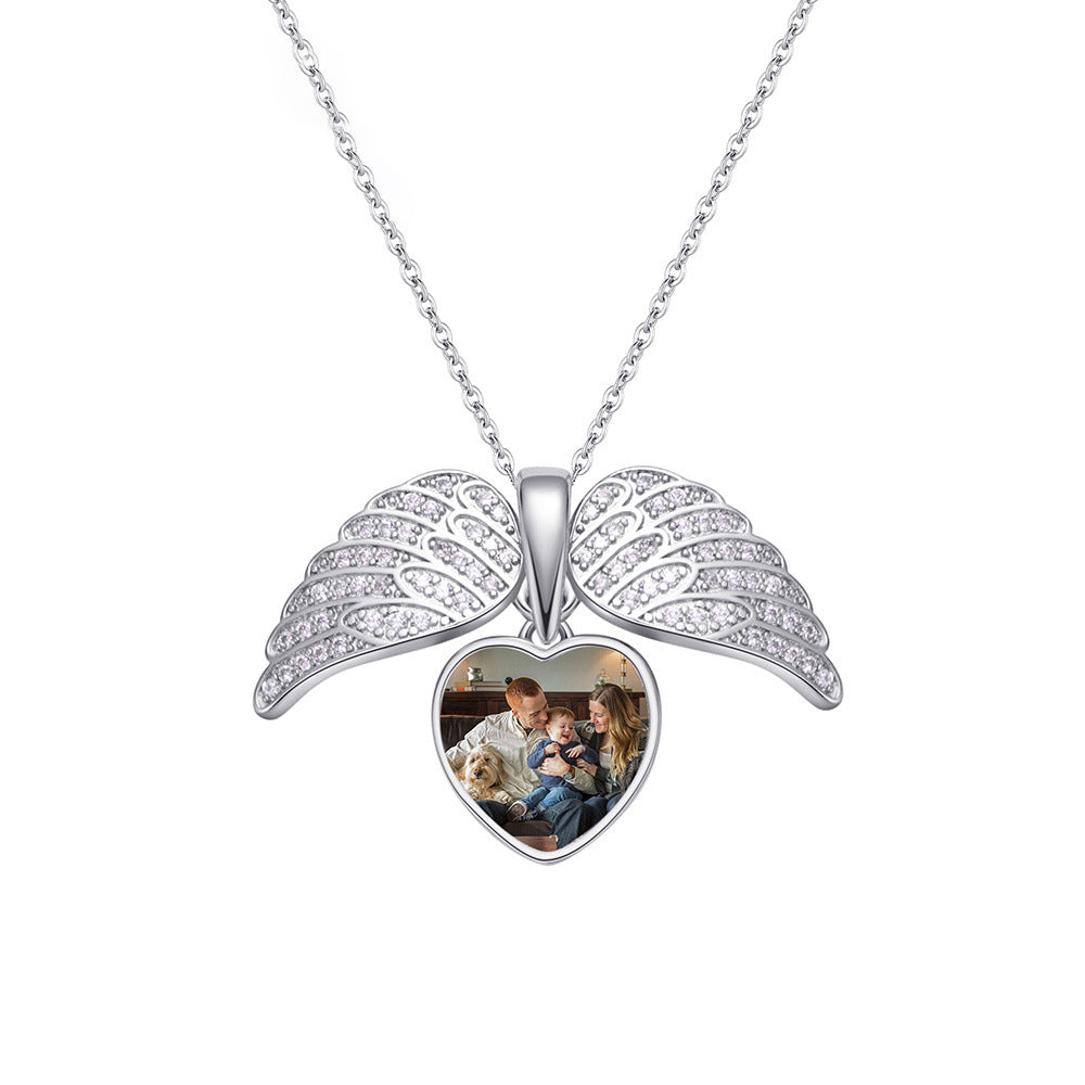 Personalized Angel Wing Necklace with Custom Photo,Heart Picture Pendant, Memorial Jewelry, Birthstone Gifts for Her. Mom, Grandma, Wife