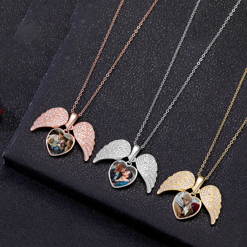 Personalized Angel Wing Necklace with Custom Photo,Heart Picture Pendant, Memorial Jewelry, Birthstone Gifts for Her. Mom, Grandma, Wife