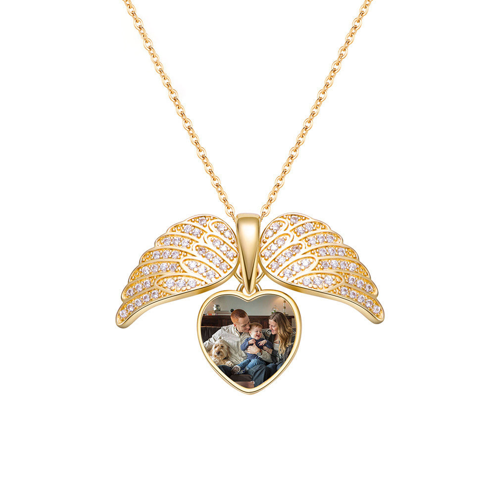 Personalized Angel Wing Necklace with Custom Photo,Heart Picture Pendant, Memorial Jewelry, Birthstone Gifts for Her. Mom, Grandma, Wife