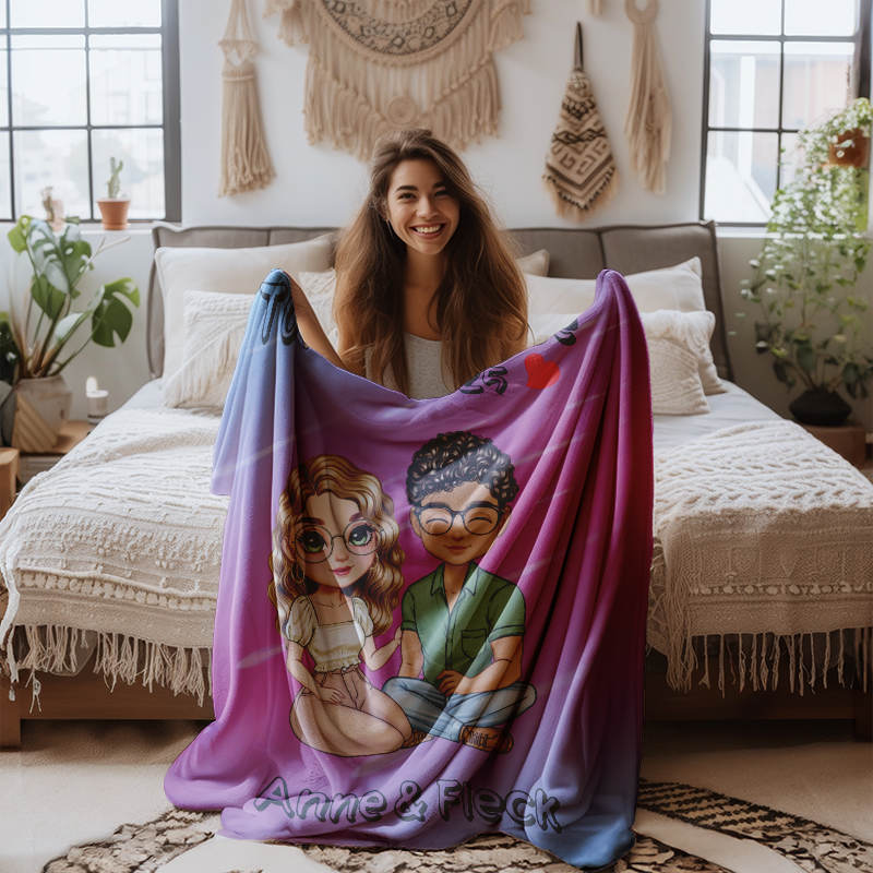 Personalized Cartoon Character Soft Throw Blanket with Name Home Decor Birthday Valentine's Day Gift for Couple