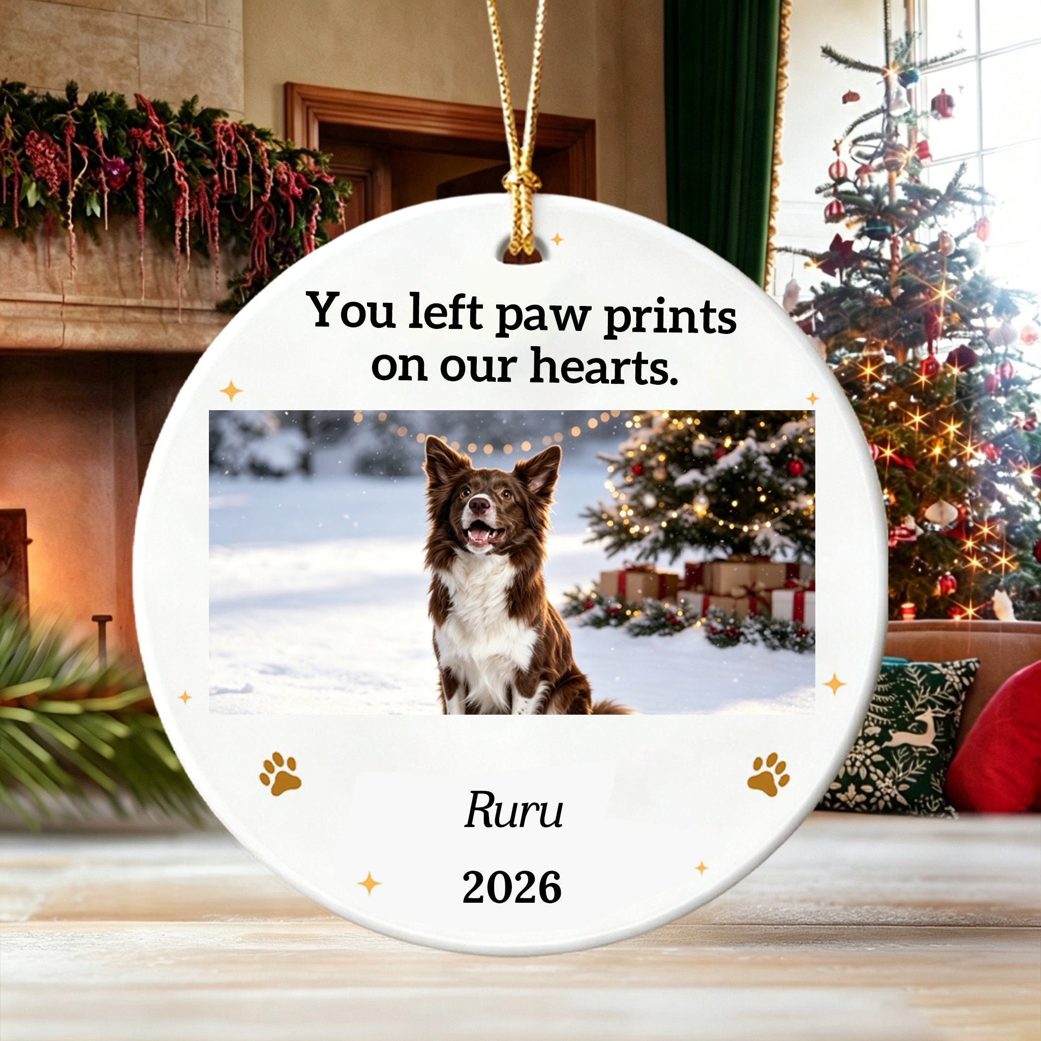 You Left Paw Prints On Our Hearts Forever Custom Dog Photo Memorial Ceramic Ornament For Christmas