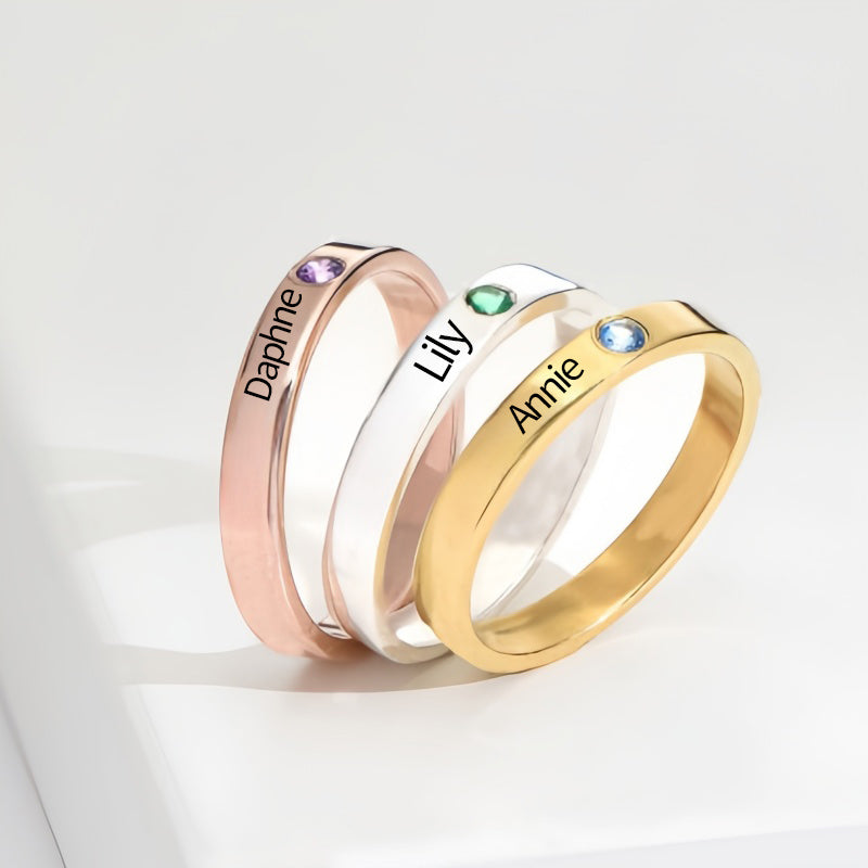 Personalised Birthstone Ring with Engraved Name Birthday Christmas Jewellery Gift for Women