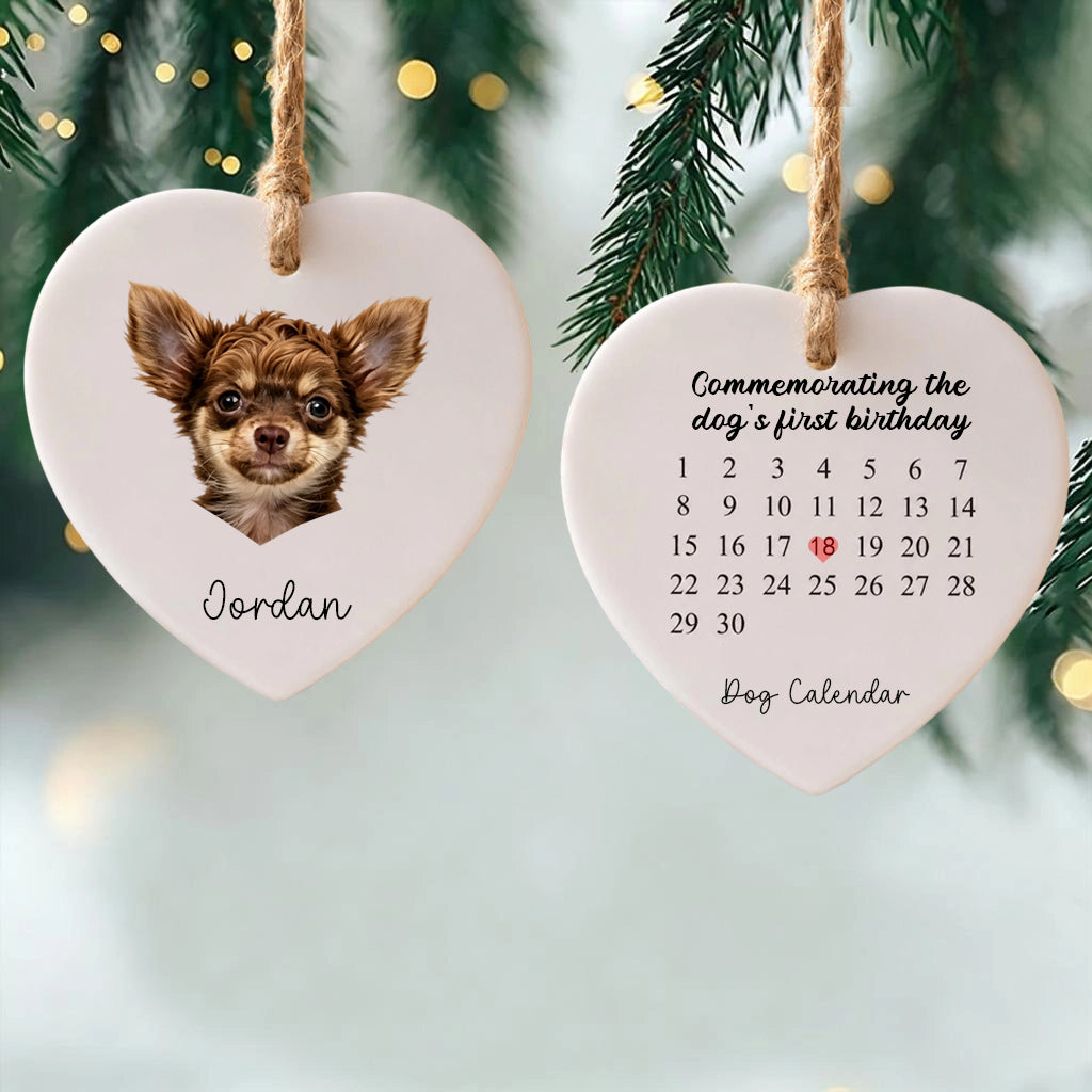 Commemoratingthe Dog's First Birthday-Personalized Dog Photo Heart Ceramic Ornament