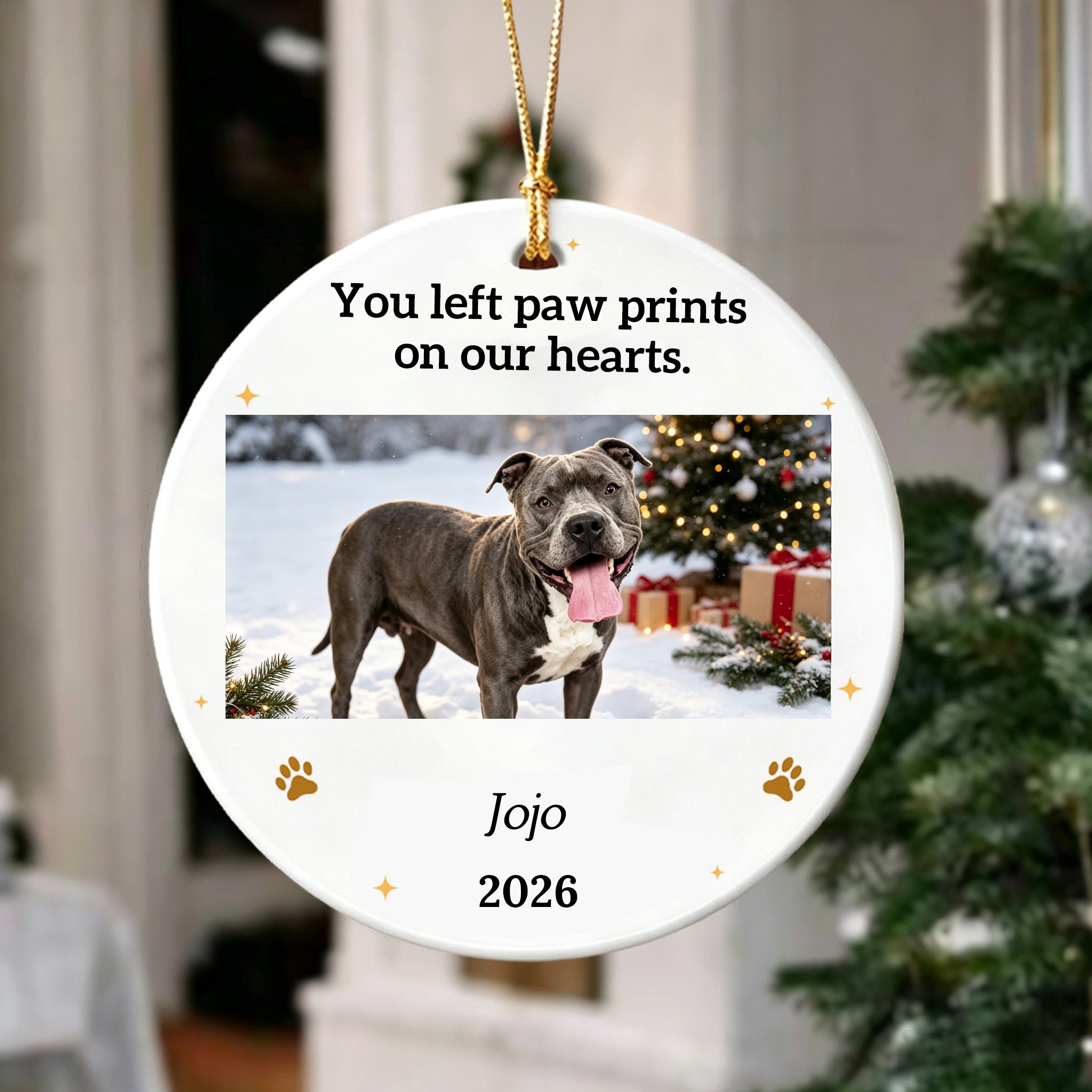 You Left Paw Prints On Our Hearts Forever Custom Dog Photo Memorial Ceramic Ornament For Christmas