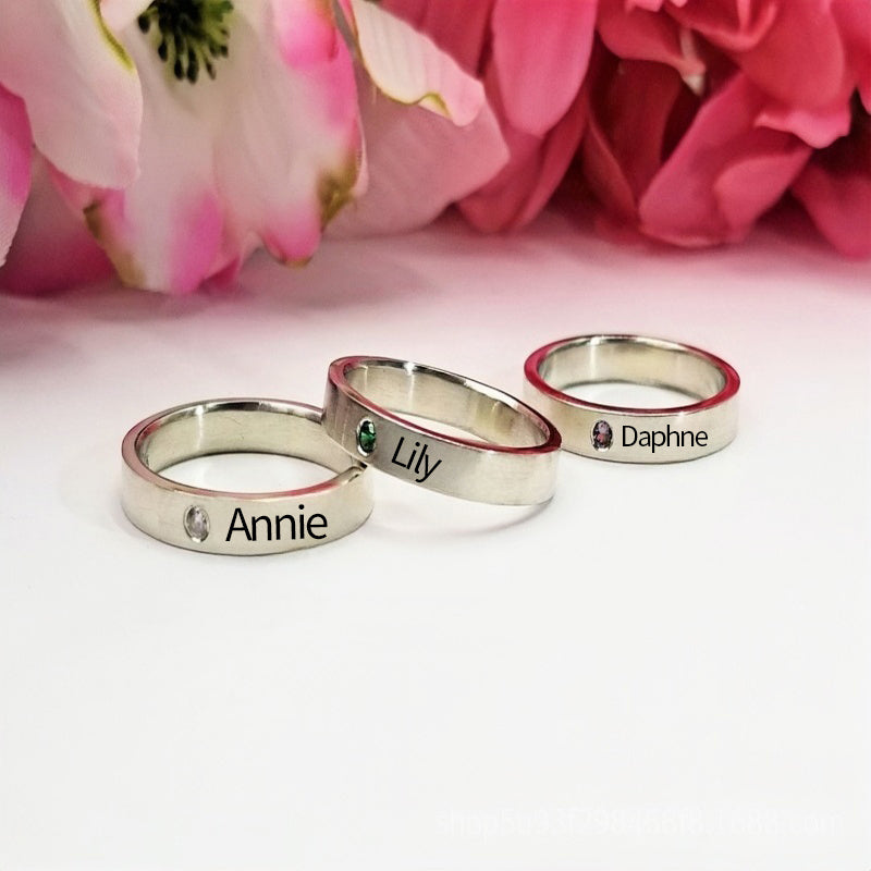 Personalised Birthstone Ring with Engraved Name Birthday Christmas Jewellery Gift for Women