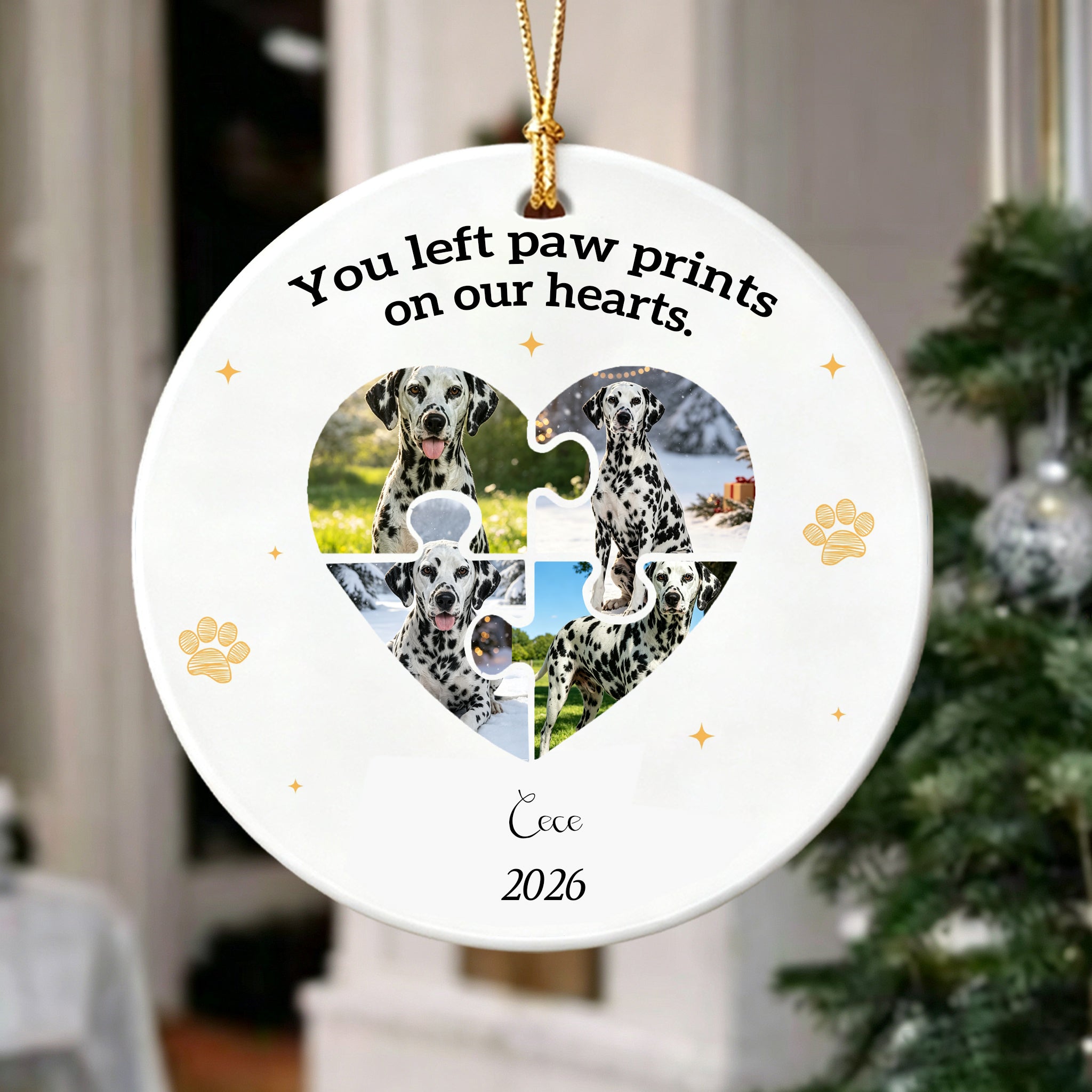 Custom Photo Dog Cat Ceramic Ornament-You Left Paw Prints On Our Hearts Forever Ornament For Pet Lover Christmas