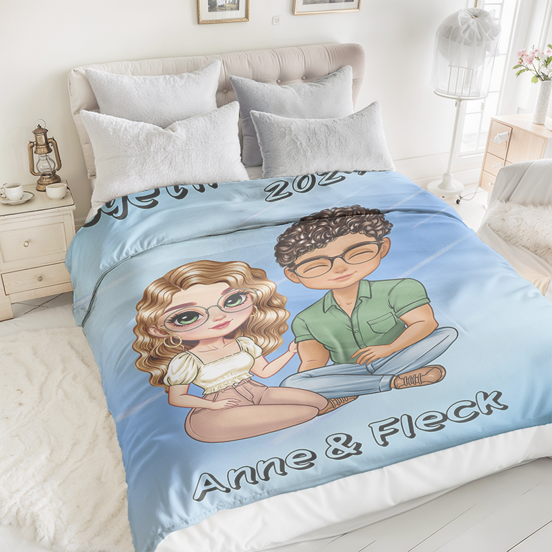 Personalized Cartoon Character Soft Throw Blanket with Name Home Decor Birthday Valentine's Day Gift for Couple
