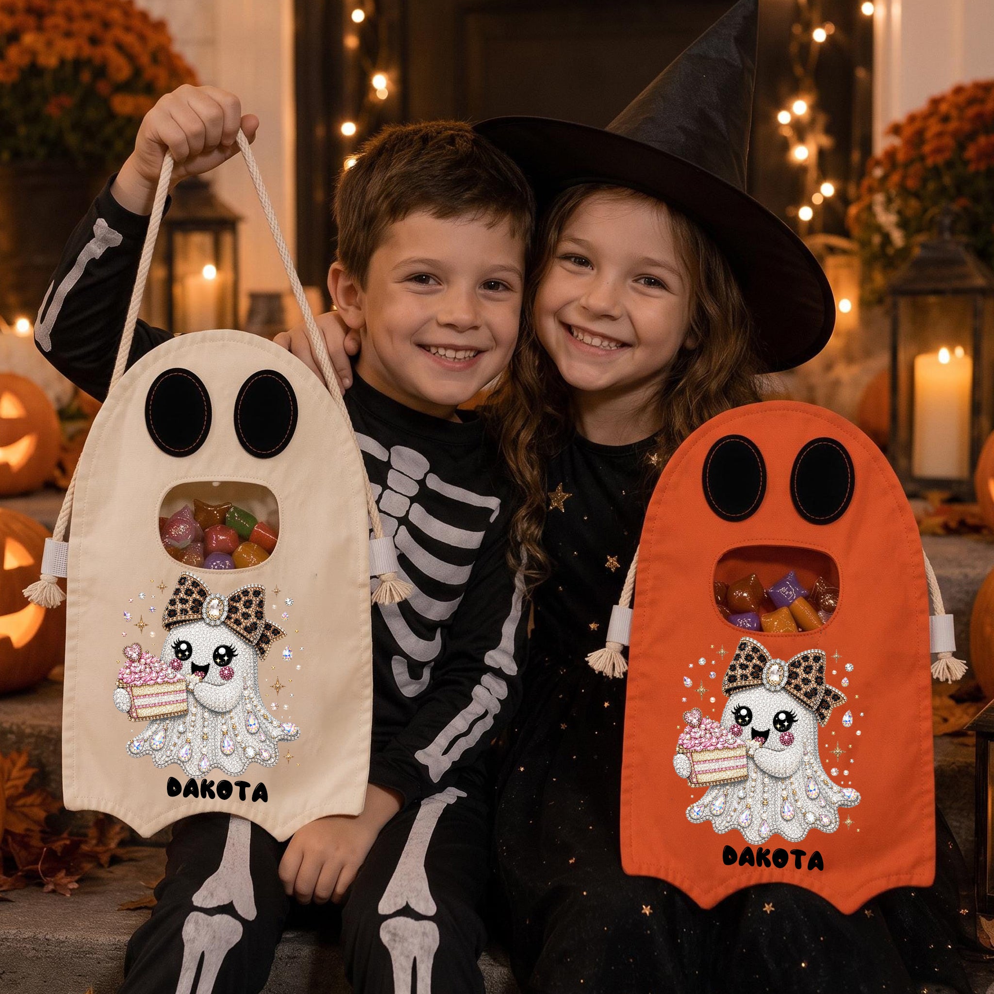Personalized Ghost Trick or Treat Bag, Custom Name Halloween Candy Tote for Kids