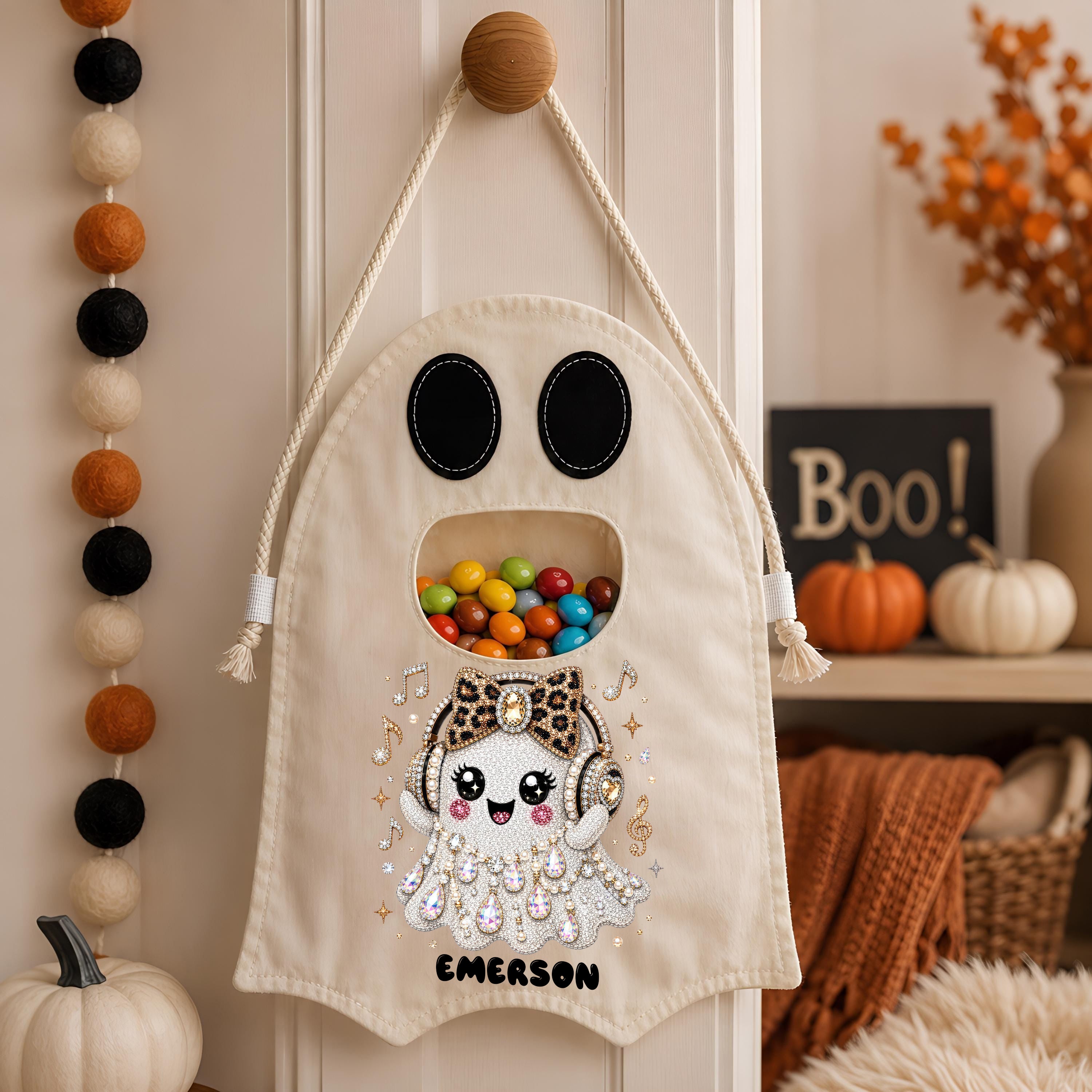 Personalized Ghost Trick or Treat Bag, Custom Name Halloween Candy Tote for Kids