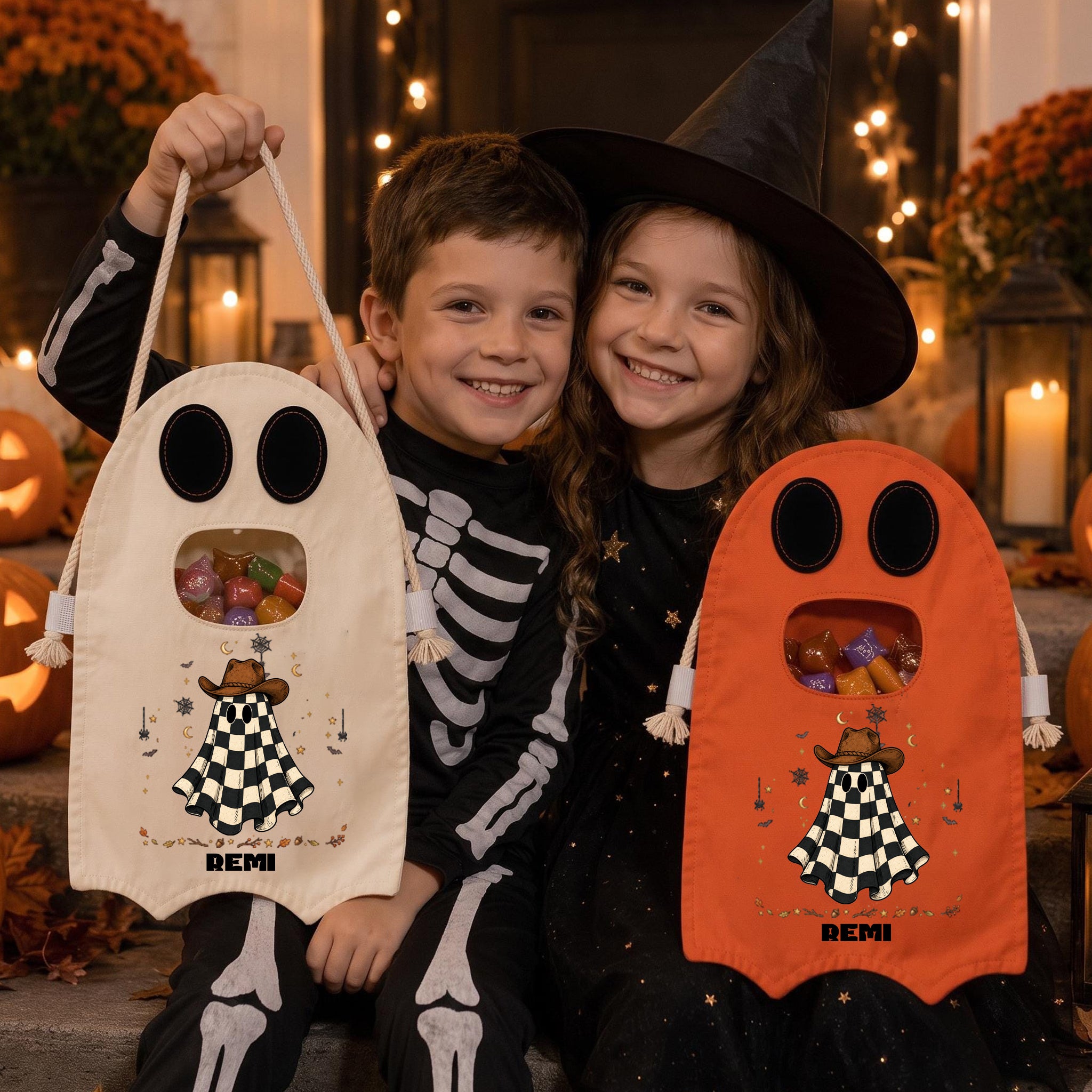Custom Name Halloween Candy Bag —Personalized Halloween Ghost Canvas Tote Bag for Kids