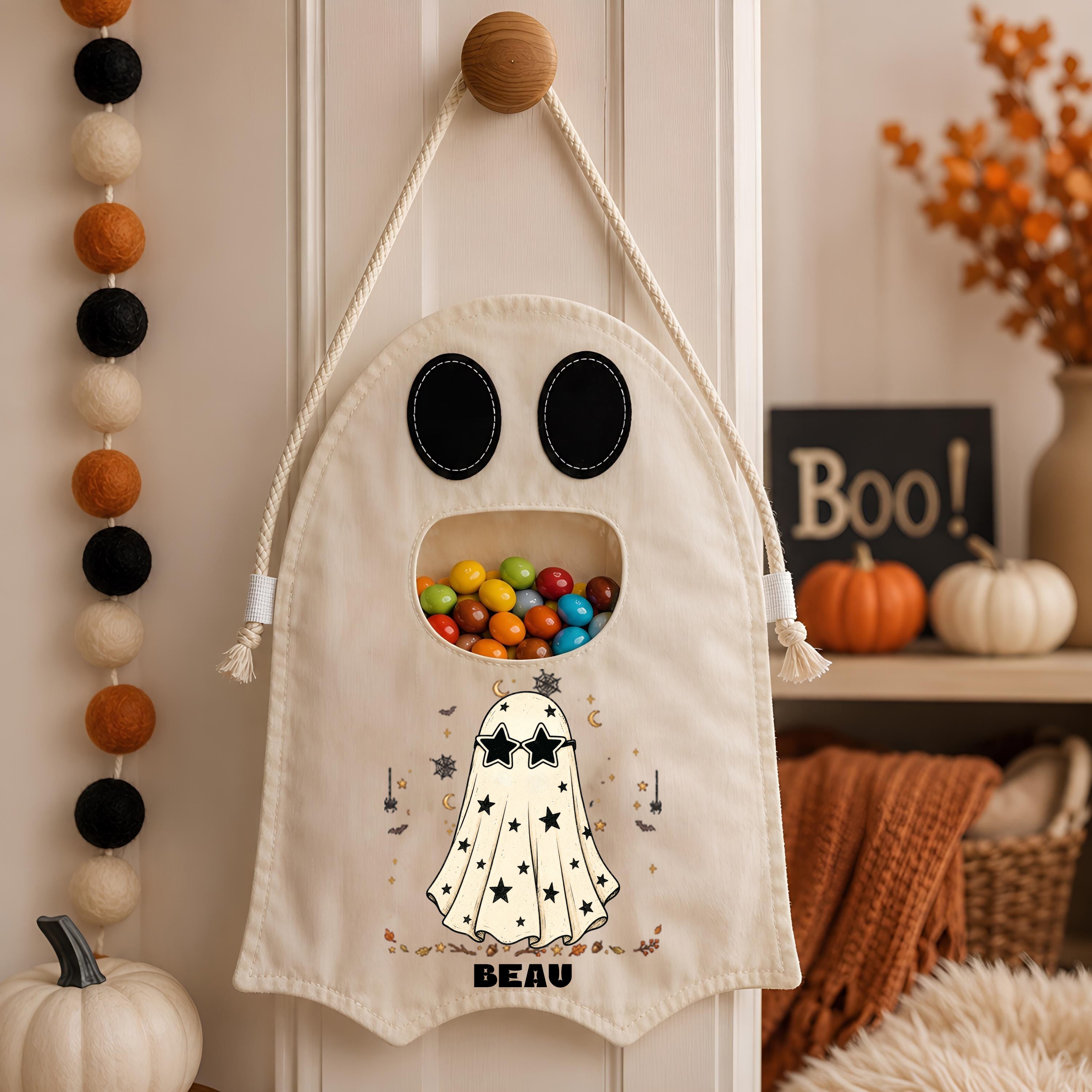 Custom Name Halloween Candy Bag —Personalized Halloween Ghost Canvas Tote Bag for Kids