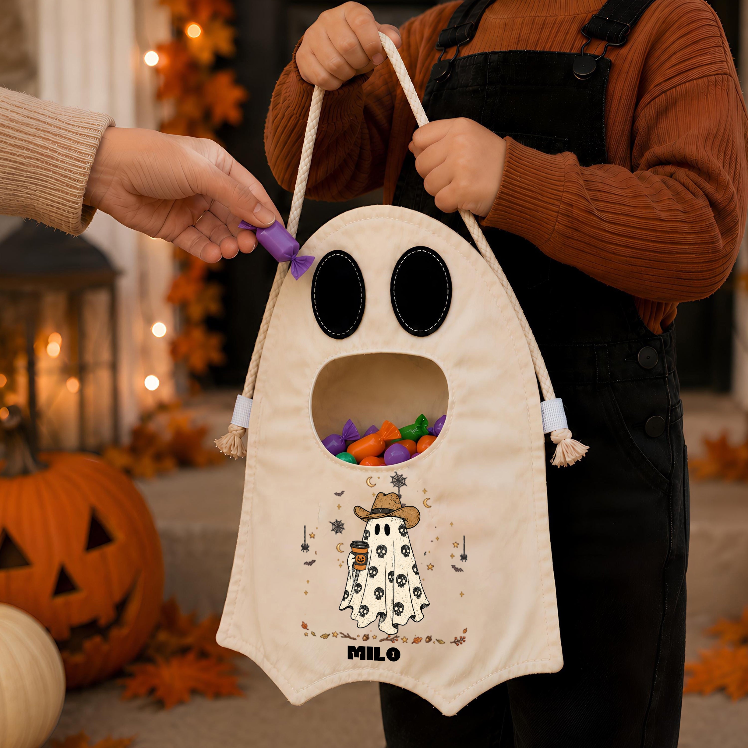 Custom Name Halloween Candy Bag —Personalized Halloween Ghost Canvas Tote Bag for Kids