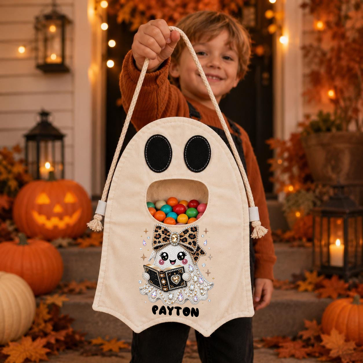 Personalized Ghost Trick or Treat Bag, Custom Name Halloween Candy Tote for Kids