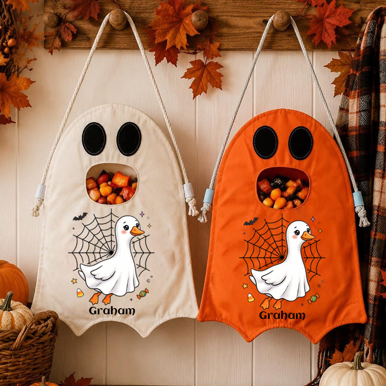 Personalized Duck Ghost Trick or Treat Bag, Custom Name Halloween Candy Tote for Kids