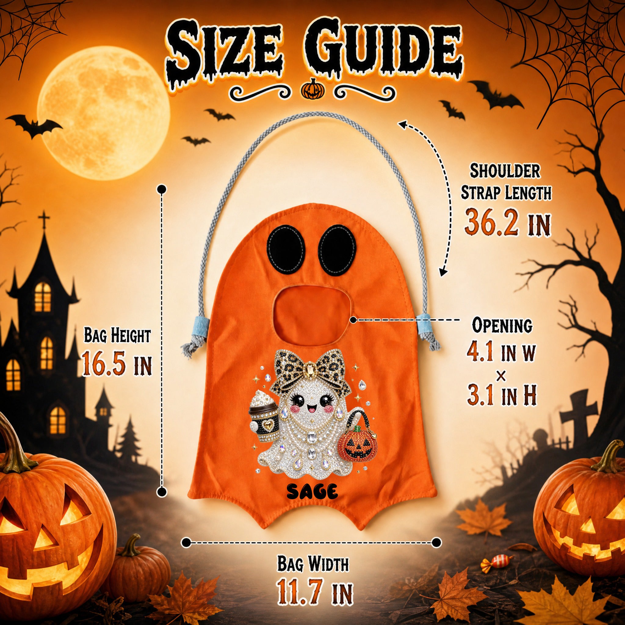 Personalized Ghost Trick or Treat Bag, Custom Name Halloween Candy Tote for Kids