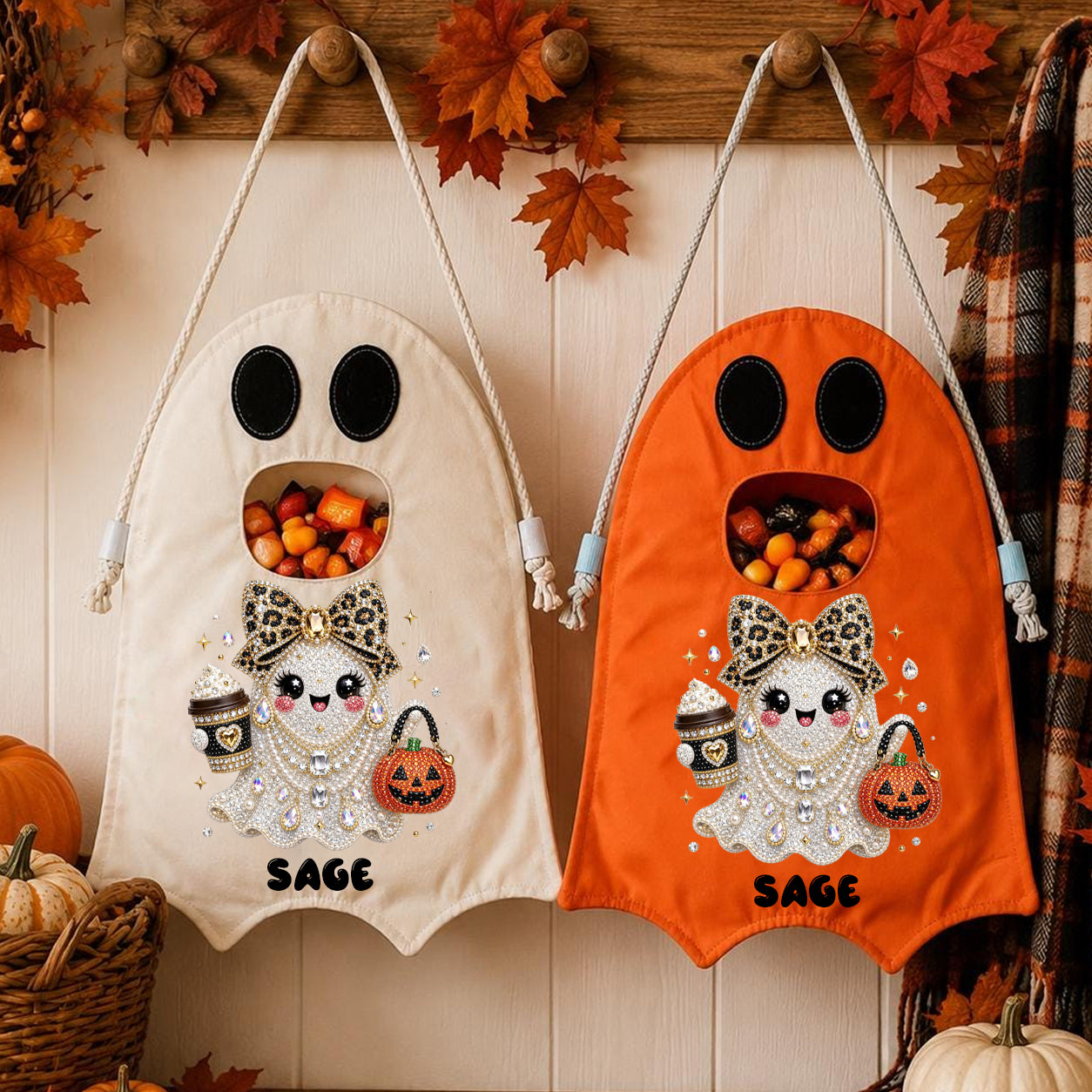 Personalized Ghost Trick or Treat Bag, Custom Name Halloween Candy Tote for Kids