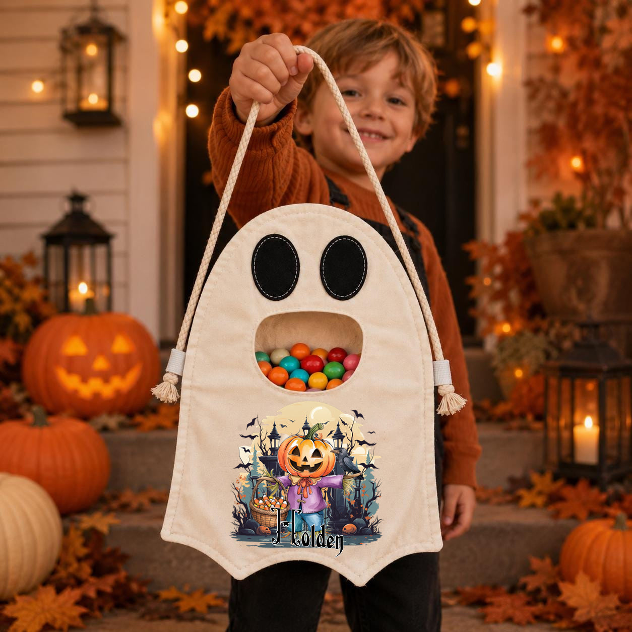 Custom Name Spooky Halloween Candy Bag,Ghost Halloween Trick or Treat Bag for Kids