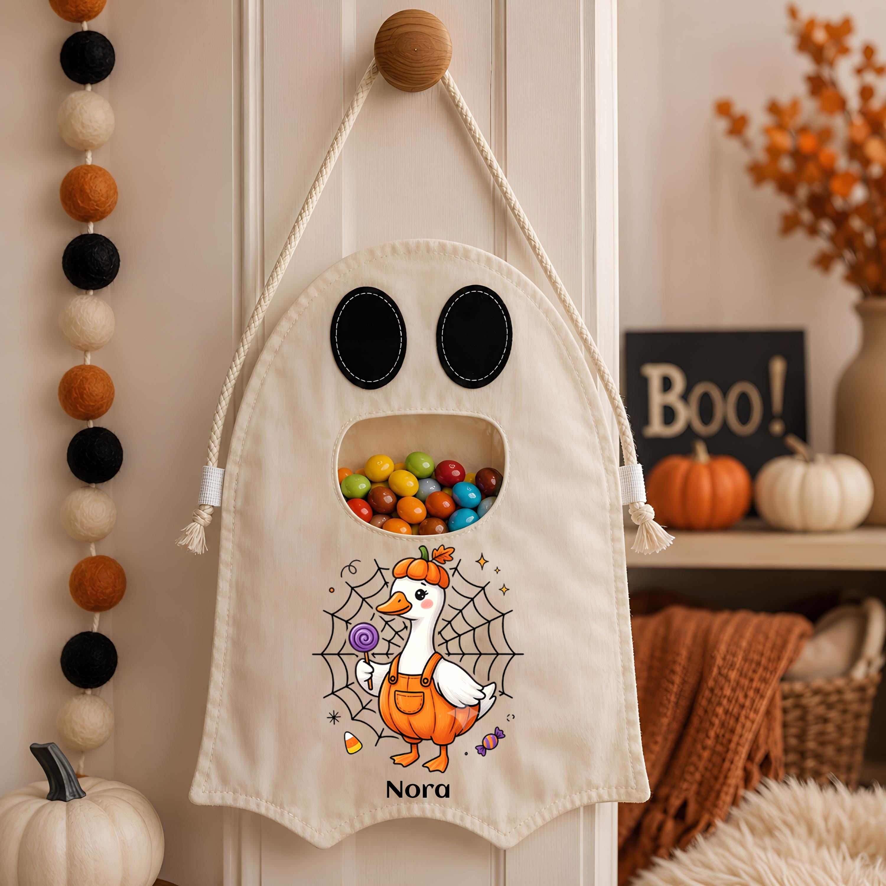 Personalized Duck Ghost Trick or Treat Bag, Custom Name Halloween Candy Tote for Kids