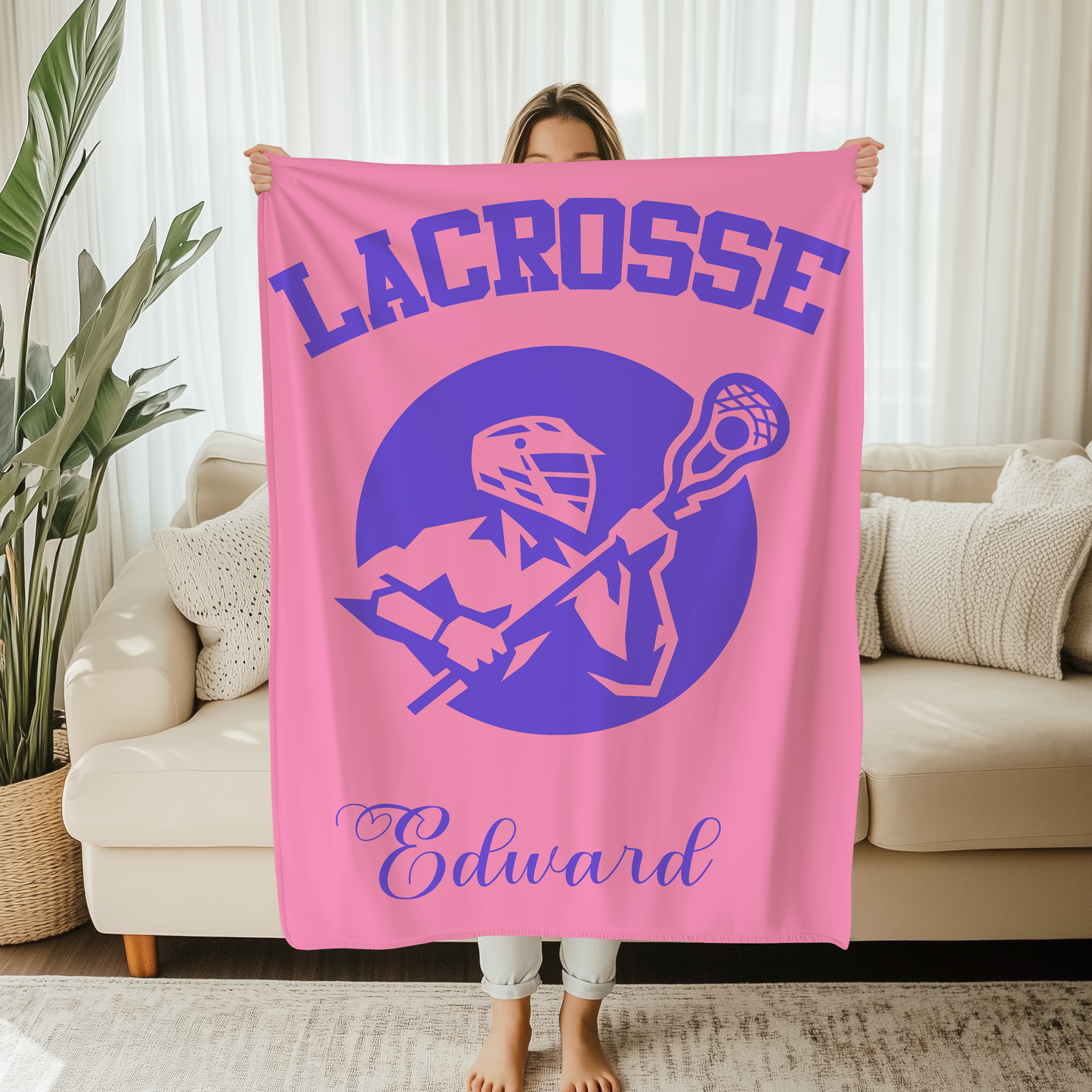 Personalized Silhouette Lacrosse Cozy Soft Fleece Sherpa Blanket With Name Home Decor For End of Season gift