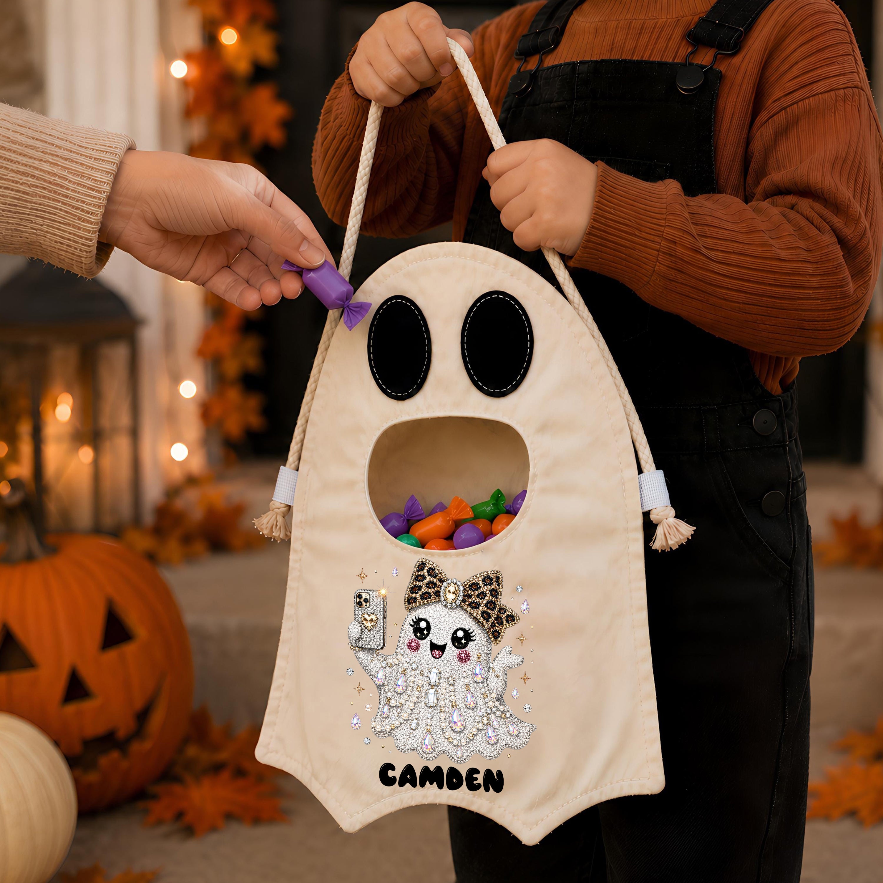 Personalized Ghost Trick or Treat Bag, Custom Name Halloween Candy Tote for Kids