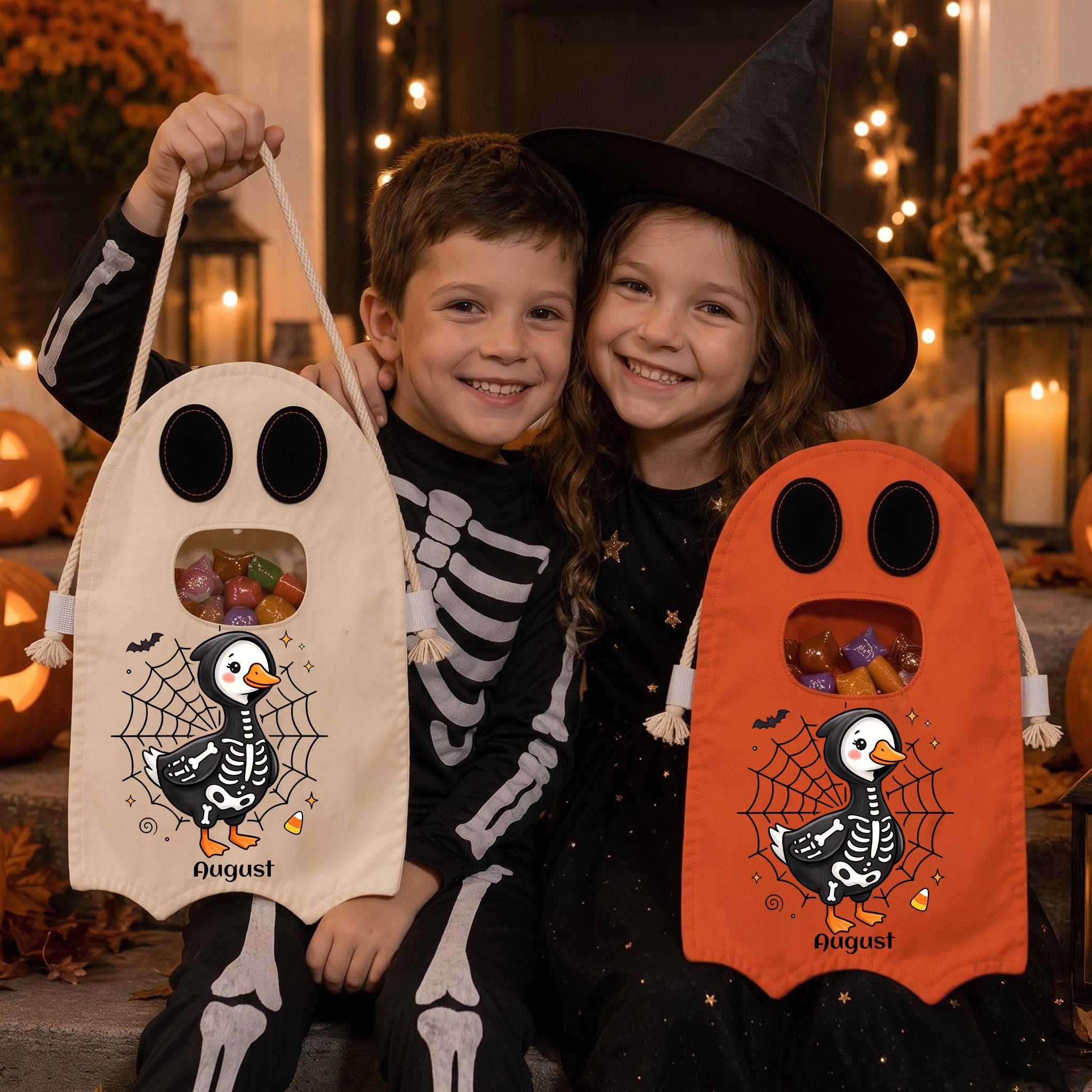 Personalized Duck Ghost Trick or Treat Bag, Custom Name Halloween Candy Tote for Kids