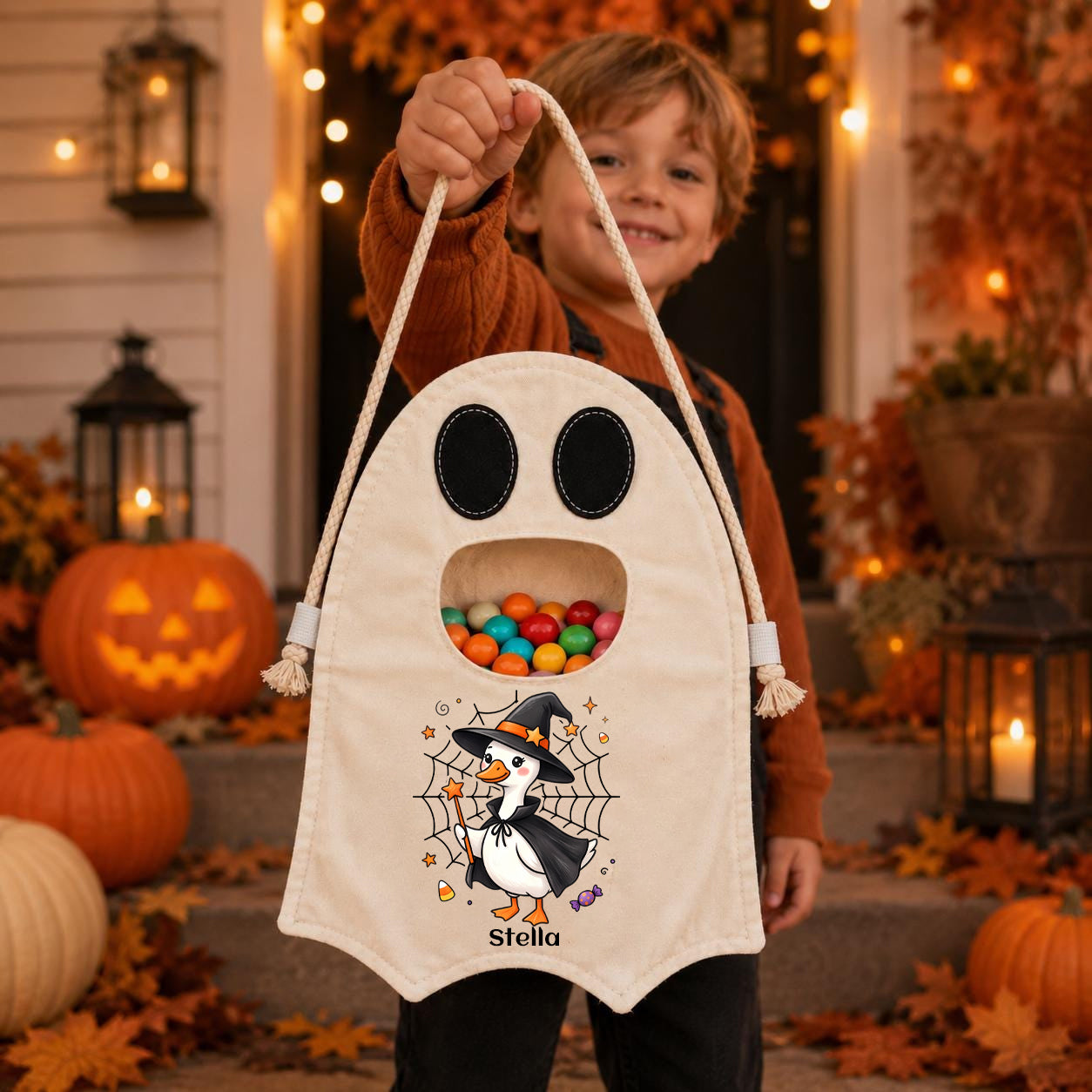 Personalized Duck Ghost Trick or Treat Bag, Custom Name Halloween Candy Tote for Kids