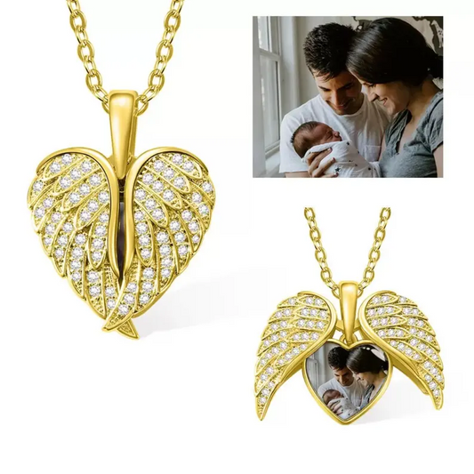 Personalized Angel Wing Necklace with Custom Photo,Heart Picture Pendant, Memorial Jewelry, Birthstone Gifts for Her. Mom, Grandma, Wife