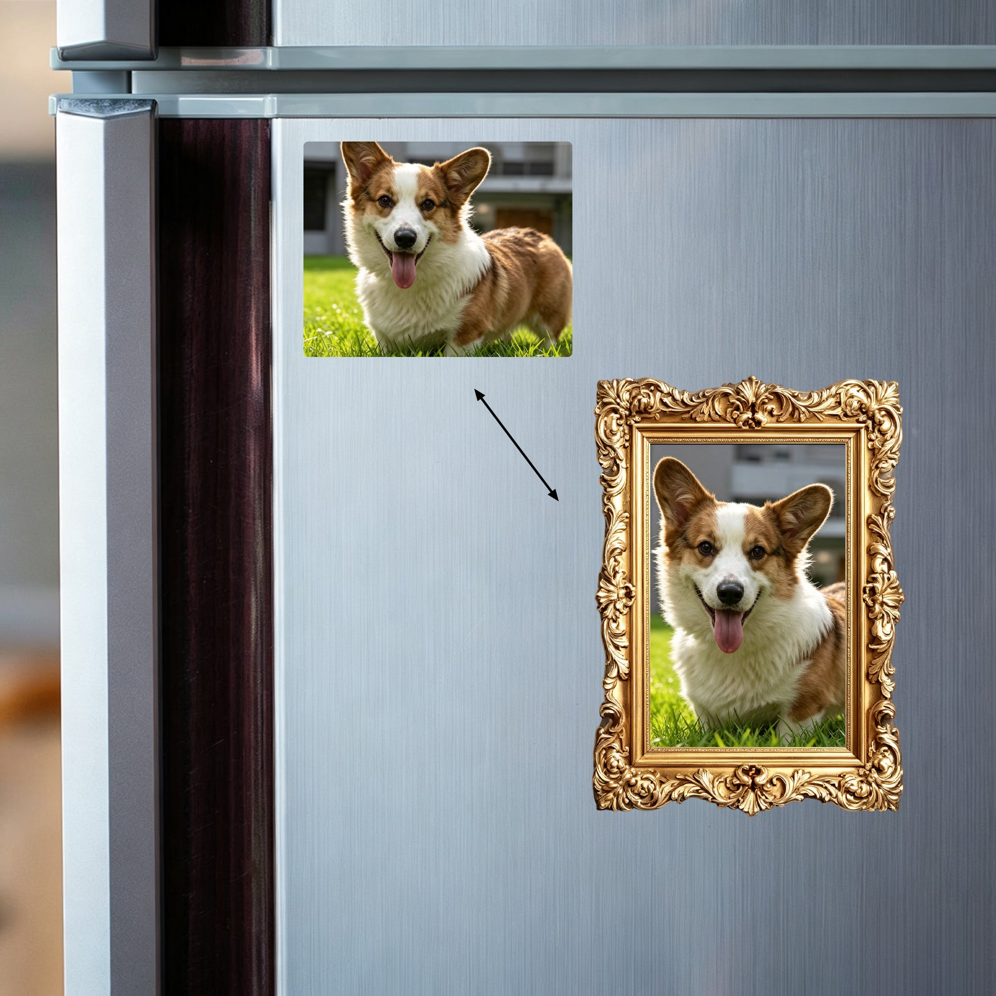 Personalized Pet Photo Fridge Magnet - Custom Vintage Gold Frame, Dog Portrait Magnet, Pet Memorial Kitchen Decor