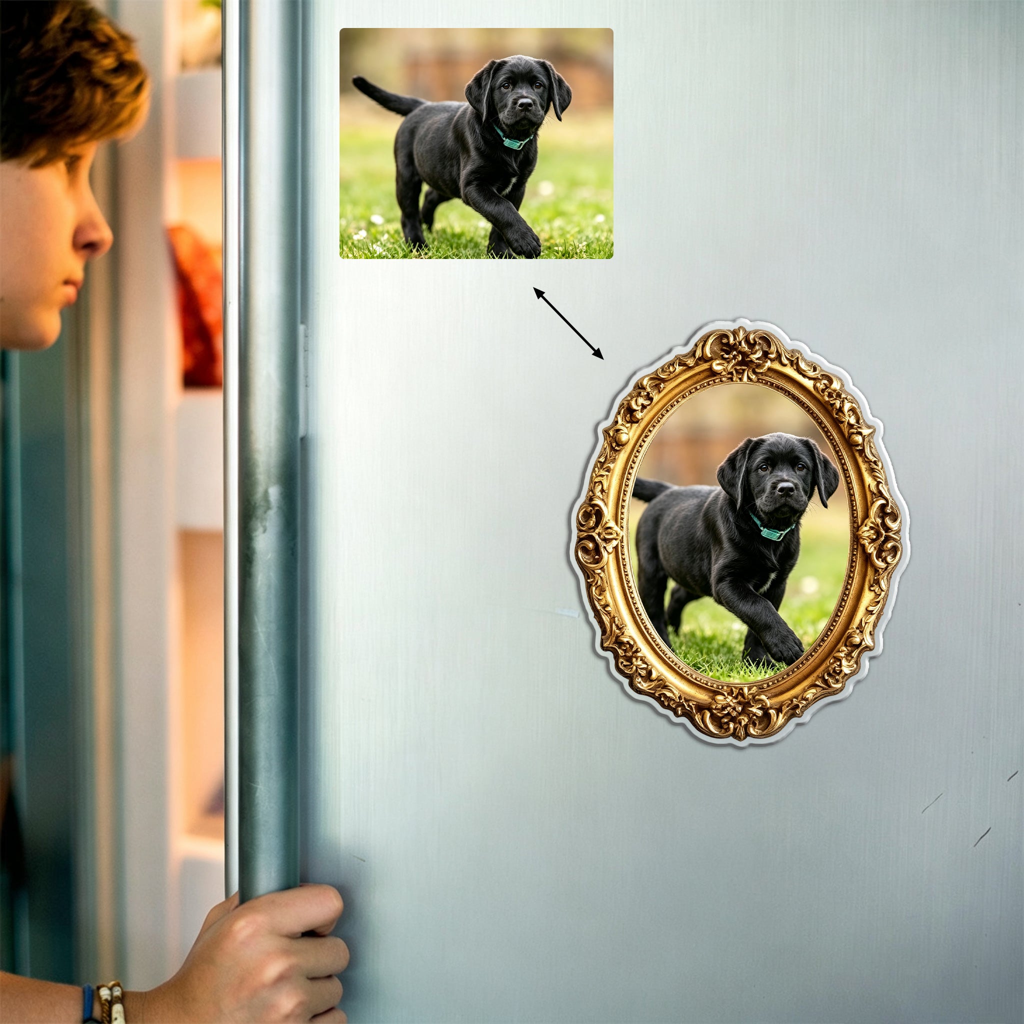 Personalized Pet Photo Fridge Magnet - Custom Vintage Gold Frame, Dog Portrait Magnet, Pet Memorial Kitchen Decor