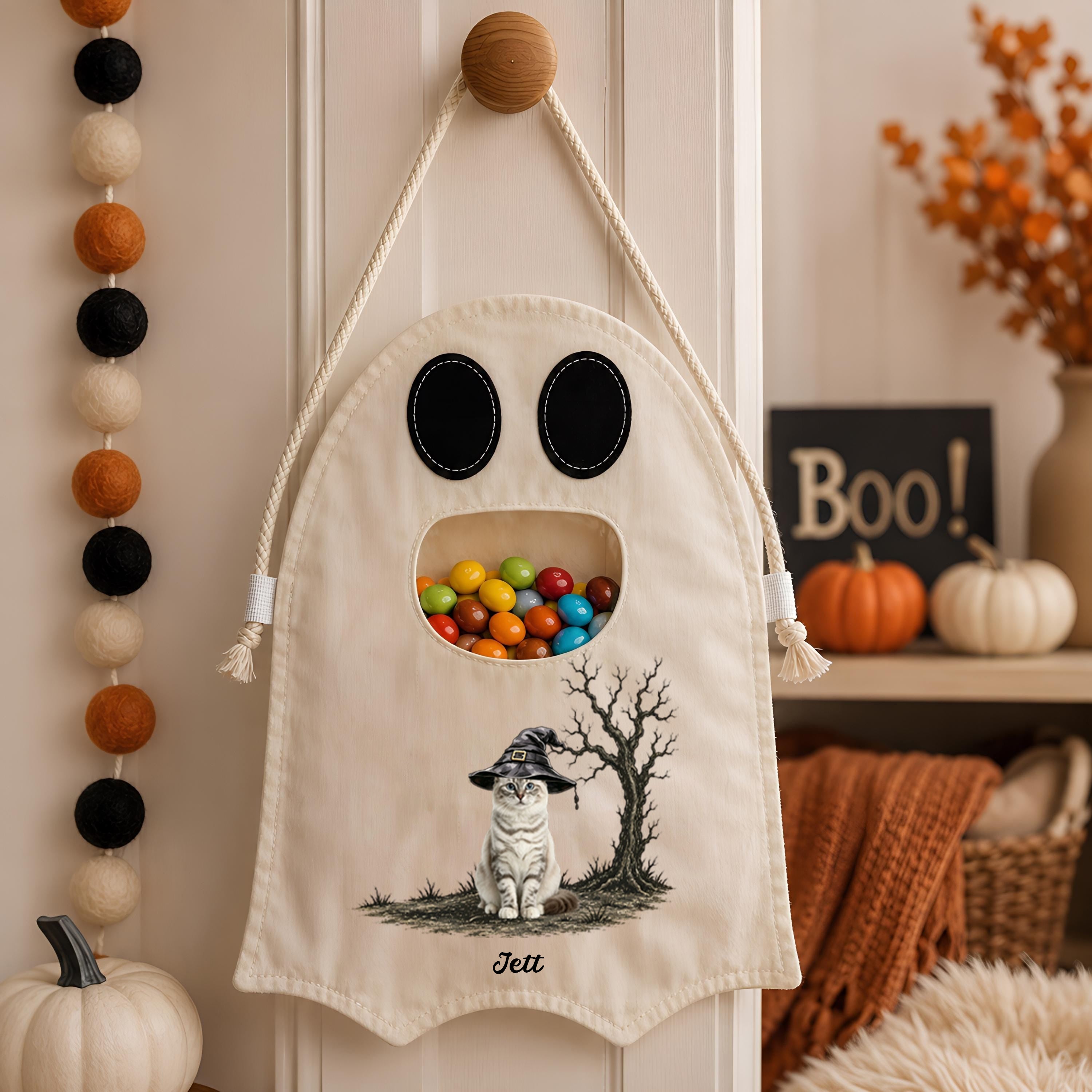 Personalized Halloween Ghost Bag-Witch Cat Trick-or-Treat Canvas Tote Bag for Kids