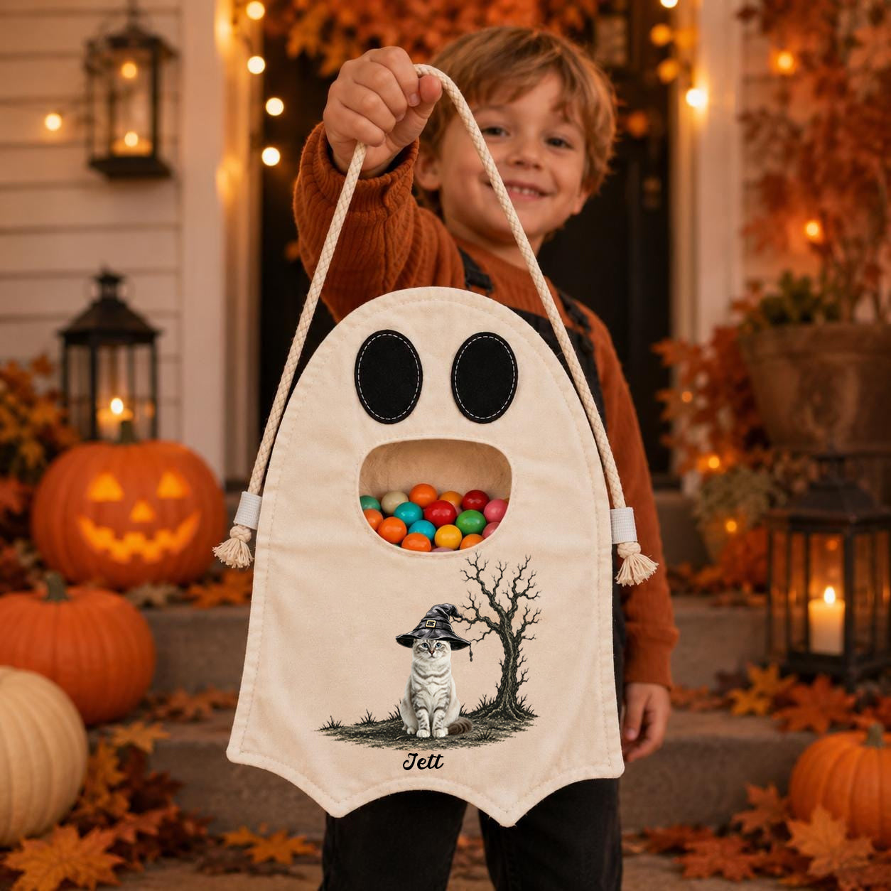 Personalized Halloween Ghost Bag-Witch Cat Trick-or-Treat Canvas Tote Bag for Kids