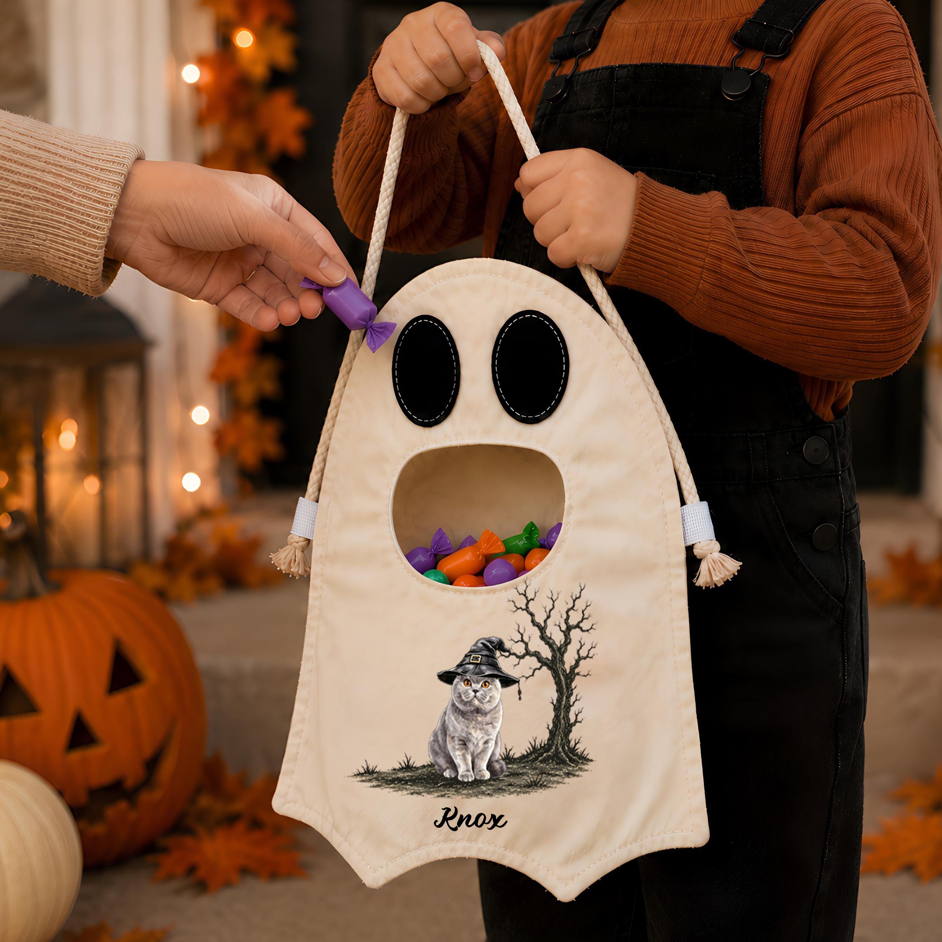 Personalized Halloween Ghost Bag-Witch Cat Trick-or-Treat Canvas Tote Bag for Kids