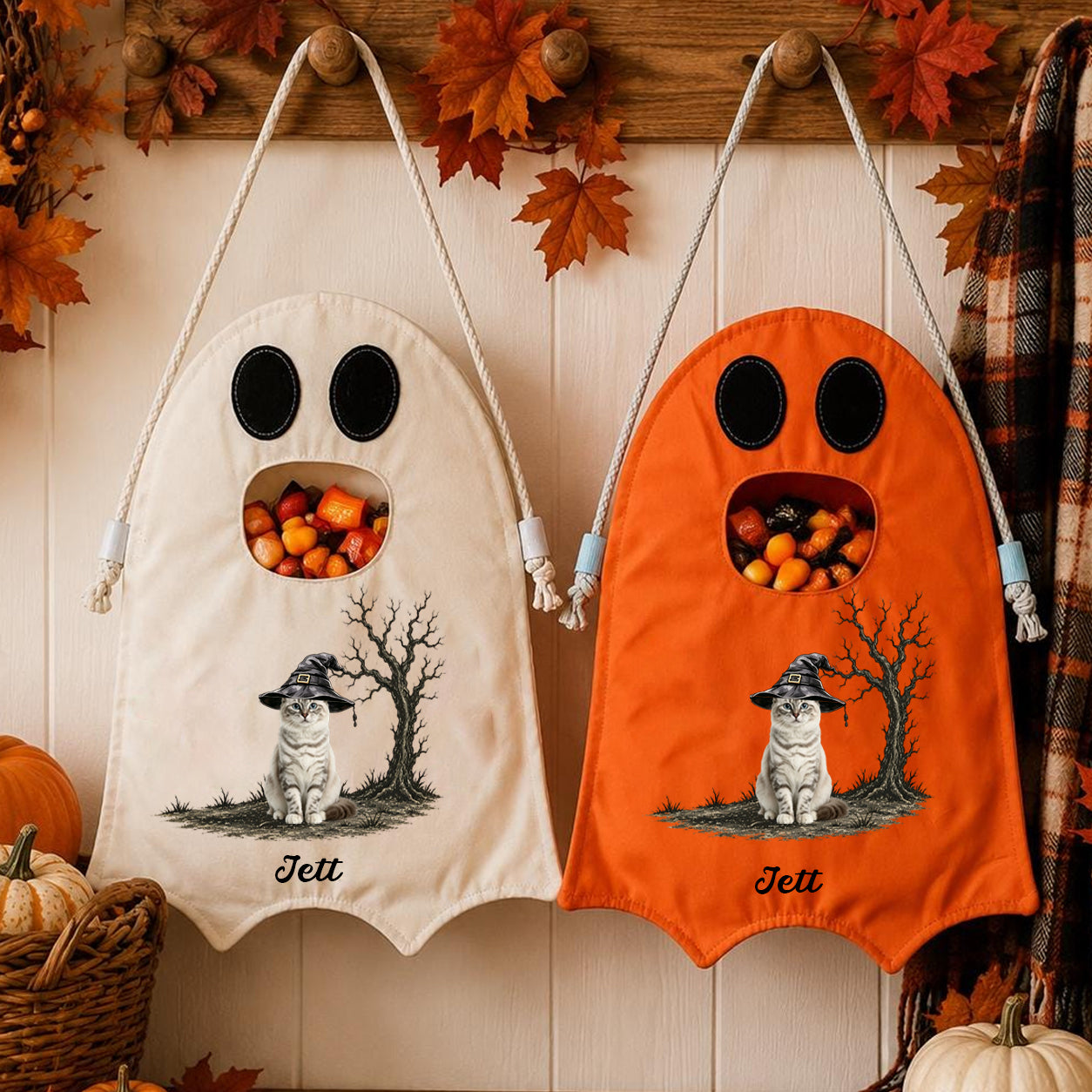 Personalized Halloween Ghost Bag-Witch Cat Trick-or-Treat Canvas Tote Bag for Kids