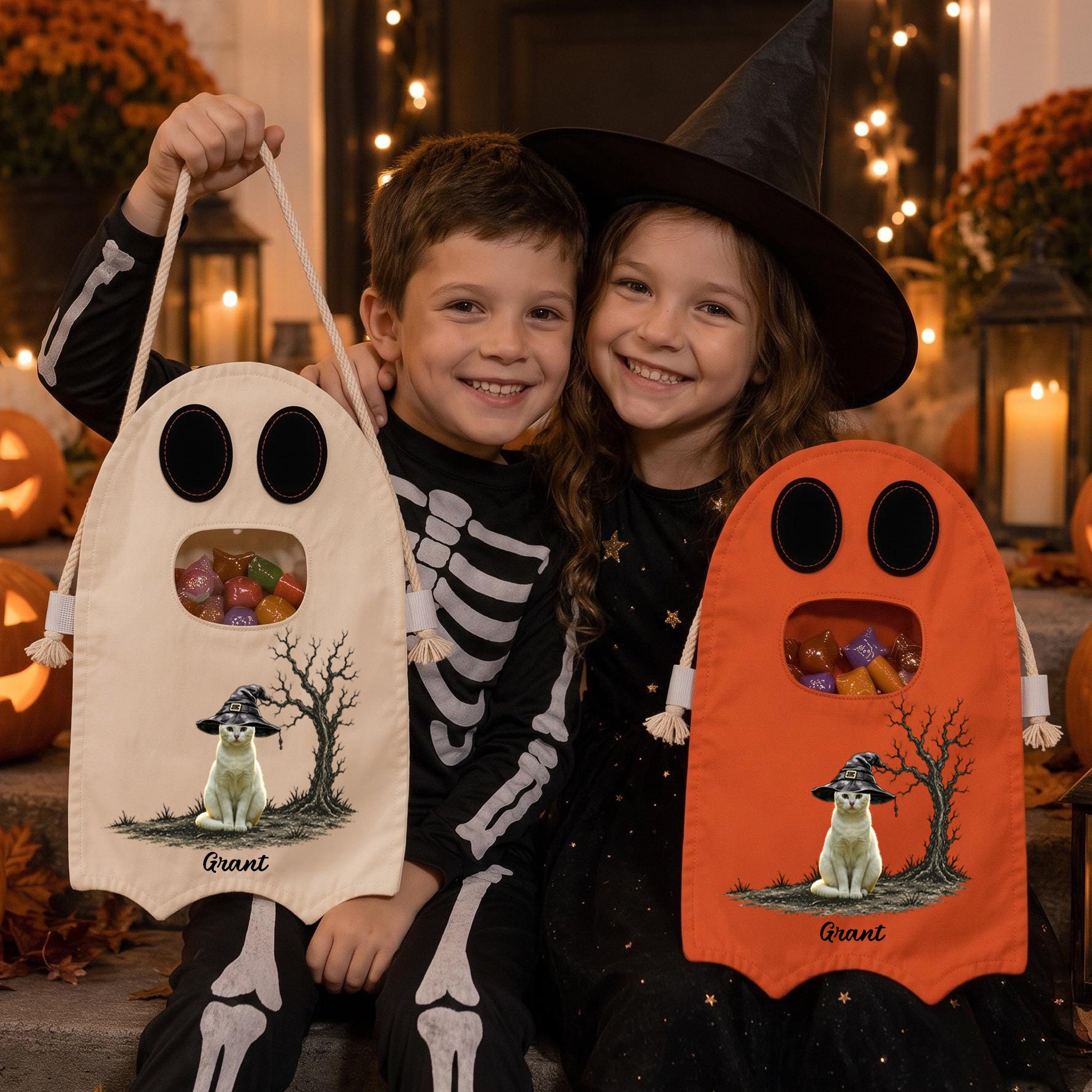 Personalized Halloween Ghost Bag-Witch Cat Trick-or-Treat Canvas Tote Bag for Kids