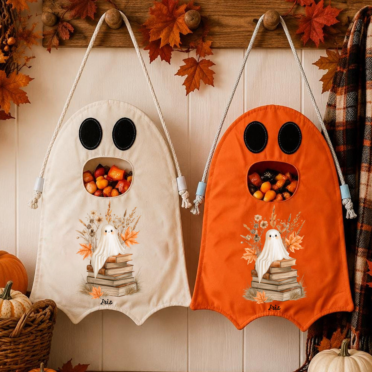 Custom Name Ghost Trick or Treat Bag, Personalized Halloween Candy Tote for Kids