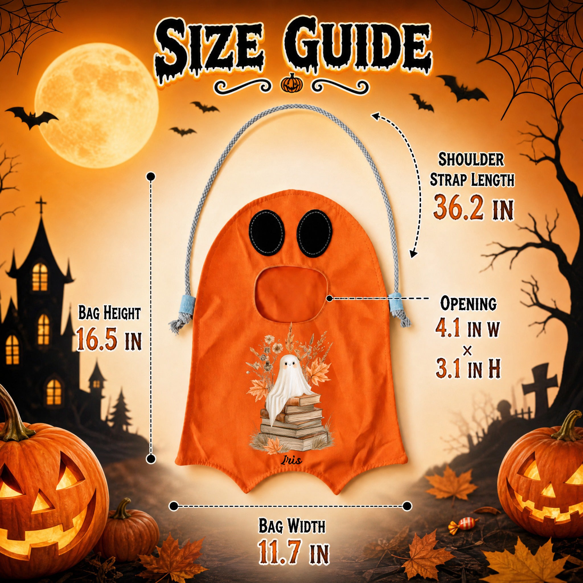 Custom Name Ghost Trick or Treat Bag, Personalized Halloween Candy Tote for Kids