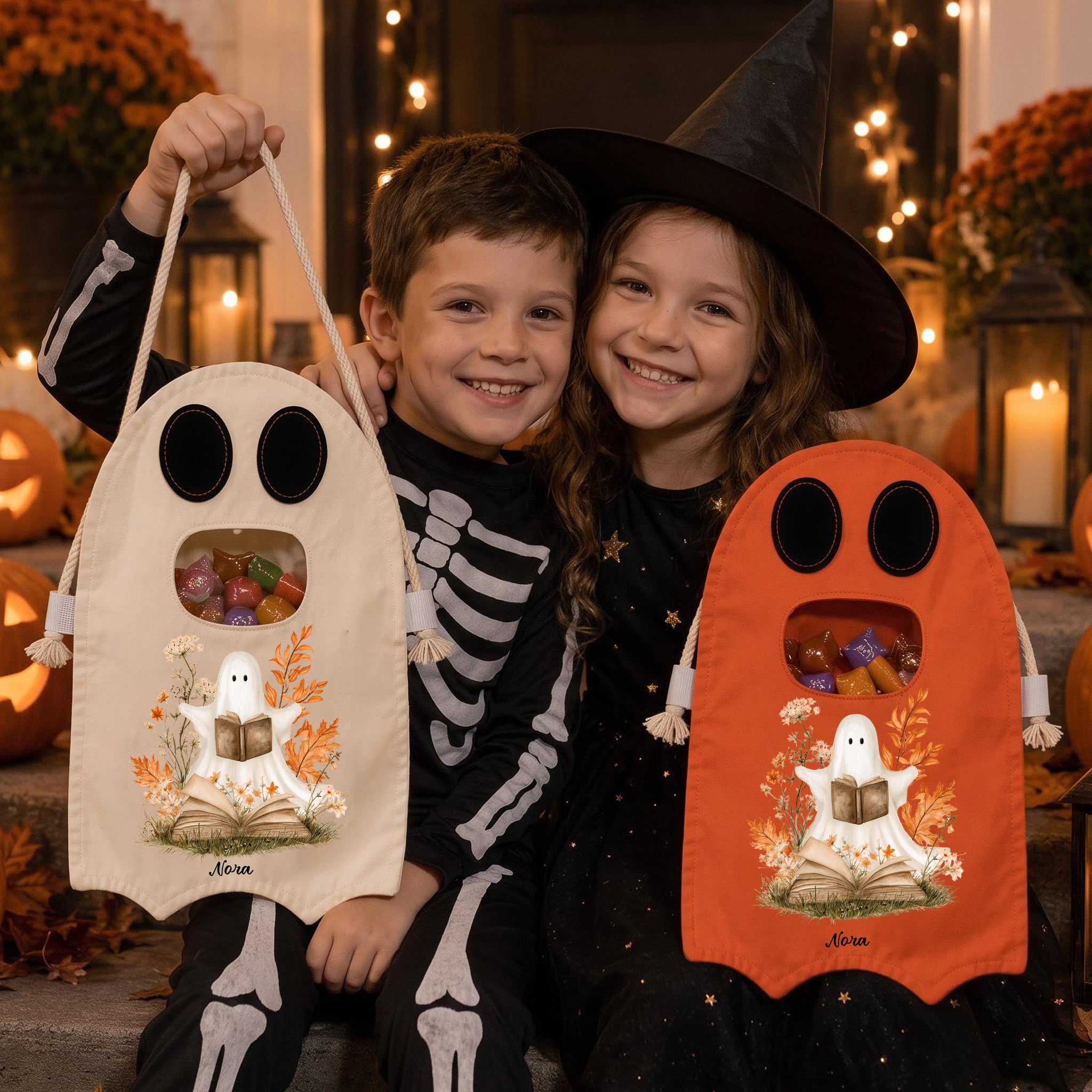 Custom Name Ghost Trick or Treat Bag, Personalized Halloween Candy Tote for Kids