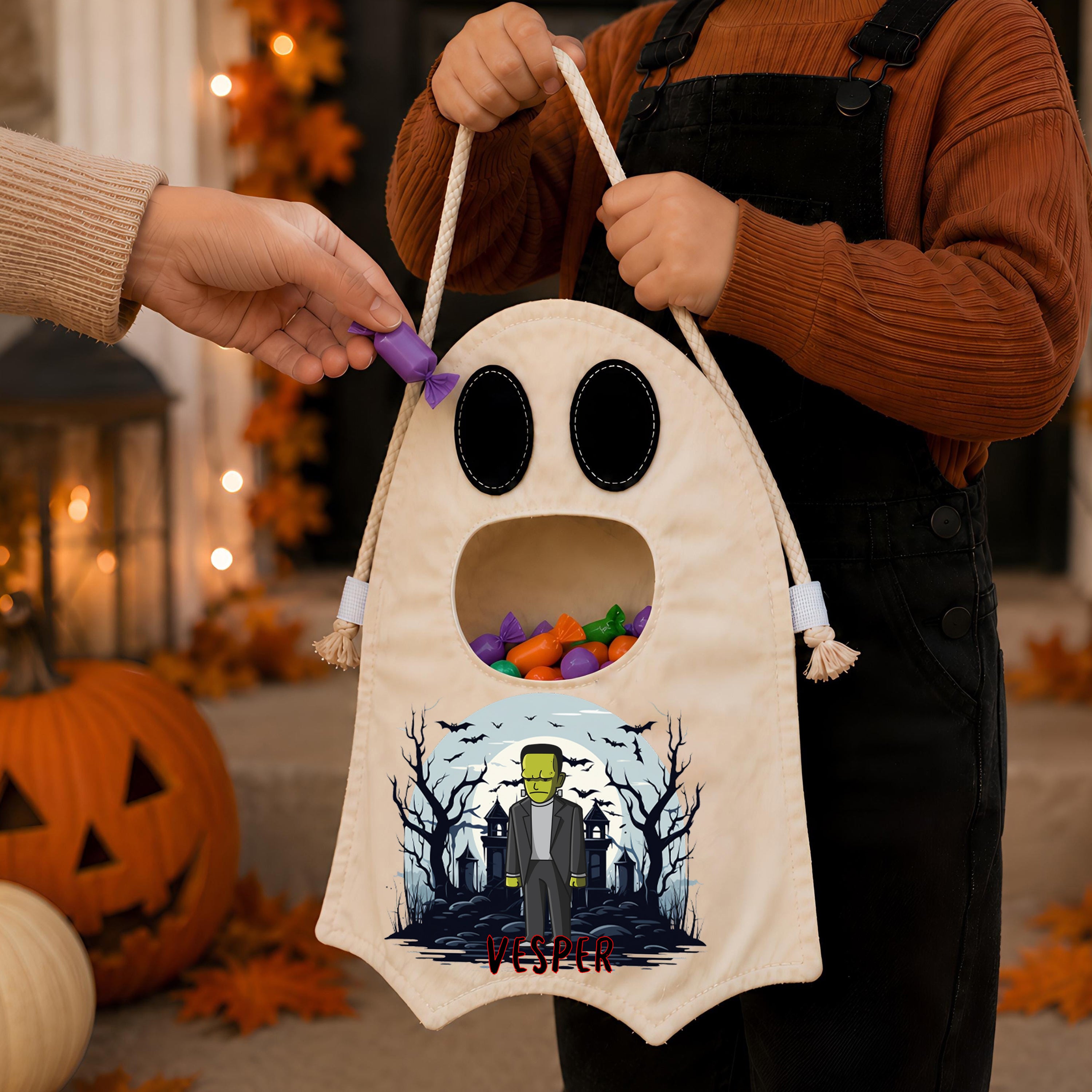 Personalized Spooky Monster Trick or Treat Bag, Custom Name Halloween Candy Tote for Kids