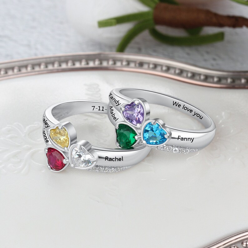 Personalized Family Name Rings with 3 Birthstones For Mother's Day Gift